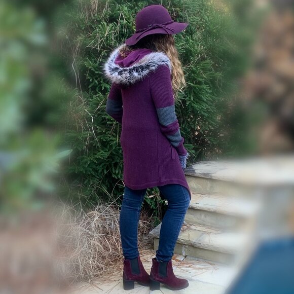 Fox Head Faux Fur Lined Hooded Cardigan Sz S - Picture 4 of 15